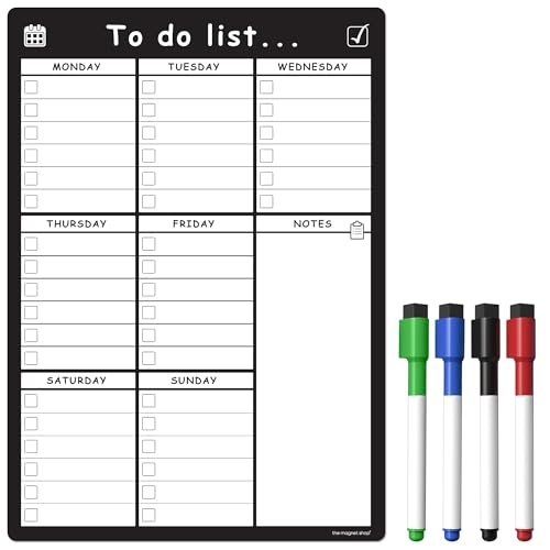 TMS Magnetische Aufgabenliste und Wochenplaner Organisieren Sie Ihre Aufgaben, Hausarbeiten, Büro- und Geschäfts- oder Familienaufgaben mit 4 trocken abwischbaren Stiften (Bold Black, A3) von The Magnet Shop