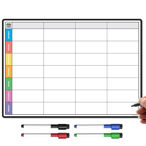 TMS Magnetischer Wochenplaner und Organizer - Whiteboard für Familien- oder Geschäftsaufgaben und Essensplanung - enthält 4 magnetische Trockenlöschstifte (Multicolor Style 2, A4) von The Magnet Shop