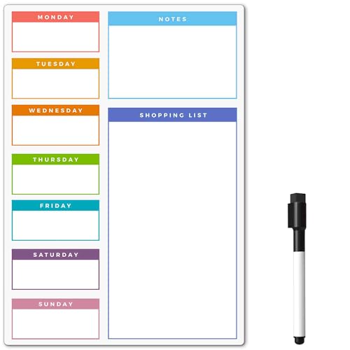 The Magnet Shop Whiteboard-Planer Kühlschrankmagnet Magnetischer Wochenplaner, trocken abwischbare Memotafel, Tageskalender und Einkaufsliste für Notizen, Meal Prep 42 x 30 cm (Bunt, A3) von The Magnet Shop