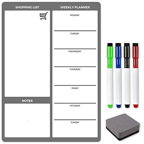 The Magnet Shop Wochenplaner für Kühlschrank, magnetisches Whiteboard, Kalender und Einkaufsliste, Verwendung für die Lebensmittelzubereitung [30 x 21 cm] (Grau, A4) von The Magnet Shop