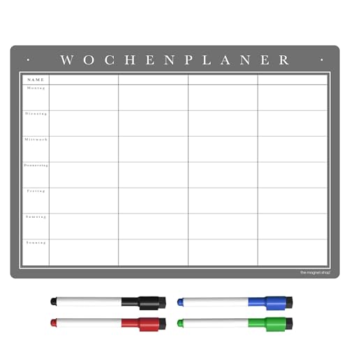 Wochenplaner Abwischbar Magnetisch | Whiteboard für den Kühlschrank, inkl. Markers & Radierer | für Menü & Familienplanung (42 x 30cm [A3], klassisch grau) von The Magnet Shop