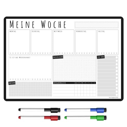 Wochenplaner Abwischbar Magnetisch | Whiteboard für den Kühlschrank, inkl. Markers & Radierer | für Menü & Familienplanung (42 x 30cm [A3], schwarz & weiß) von The Magnet Shop