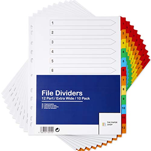 [10er Set] Ordner-Register A4 Farbig 12-teiliges Extra Breit | Trennblätter für ordner Extra Breit A4 nummeriert 1–12 | Trennblätter für ordner A4 (1-12) extra breit | einfach perfekt zum Organisieren von The Paper Shop