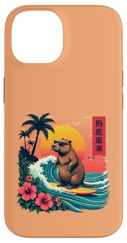 Capybara Reitwellen mit tropischem Sonnenuntergang Capybara Surfen Hülle für iPhone 14 von The Wave Capybara Surfing rodent Retro Funny tees