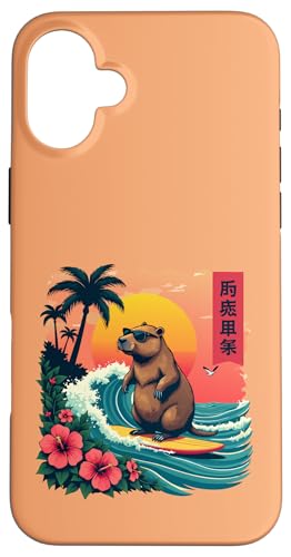 Capybara Reitwellen mit tropischem Sonnenuntergang Capybara Surfen Hülle für iPhone 16 Plus Capybara Reitwellen mit tropischem Sonnenuntergang Capybara Surfen Hülle für iPhone 16 Plus von The Wave Capybara Surfing rodent Retro Funny tees