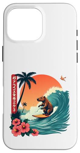 Capybara Reitwellen mit tropischem Sonnenuntergang Capybara Surfen Hülle für iPhone 16 Pro Max Capybara Reitwellen mit tropischem Sonnenuntergang Capybara Surfen Hülle für iPhone 16 Pro Max von The Wave Capybara Surfing rodent Retro Funny tees