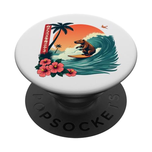 Capybara Reitwellen mit tropischem Sonnenuntergang Capybara Surfen PopSockets Klebender PopGrip von The Wave Capybara Surfing rodent Retro Funny tees