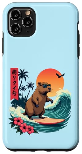 Capybara Surfing Wave Retro Palme Sonnenuntergang Capybara Liebhaber Hülle für iPhone 11 Pro Max von The Wave Capybara Surfing rodent Retro Funny tees