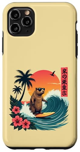 Capybara Surfing Wave Retro Palme Sonnenuntergang Capybara Liebhaber Hülle für iPhone 11 Pro Max von The Wave Capybara Surfing rodent Retro Funny tees
