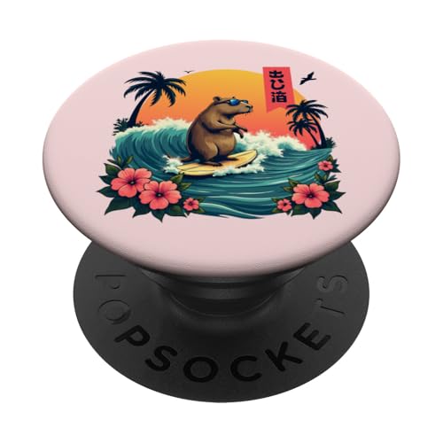 Capybara Surfing Wave Retro Palme Sunset Tropical Vibes PopSockets Klebender PopGrip Capybara Surfing Wave Retro Palme Sunset Tropical Vibes PopSockets Klebender PopGrip von The Wave Capybara Surfing rodent Retro Funny tees