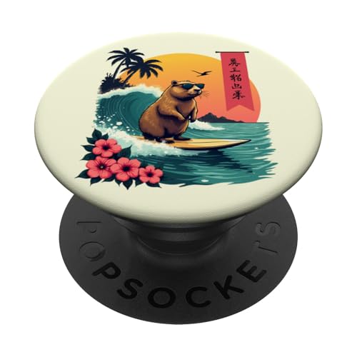 Capybara Surfing Wave Retro Palme Sunset Tropical Vibes PopSockets Klebender PopGrip Capybara Surfing Wave Retro Palme Sunset Tropical Vibes PopSockets Klebender PopGrip von The Wave Capybara Surfing rodent Retro Funny tees