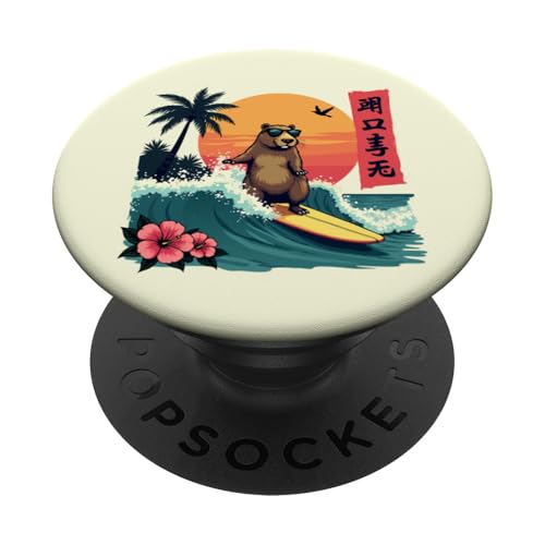 Capybara Surfing Wave Retro Palme Sunset Tropical Vibes PopSockets Klebender PopGrip Capybara Surfing Wave Retro Palme Sunset Tropical Vibes PopSockets Klebender PopGrip von The Wave Capybara Surfing rodent Retro Funny tees