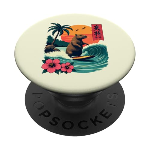 Capybara Surfing Wave Retro Palme Sunset Tropical Vibes PopSockets Klebender PopGrip Capybara Surfing Wave Retro Palme Sunset Tropical Vibes PopSockets Klebender PopGrip von The Wave Capybara Surfing rodent Retro Funny tees