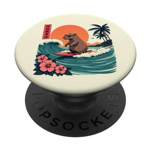 Capybara Surfing Wave Retro Palme Sunset Tropical Vibes PopSockets Klebender PopGrip Capybara Surfing Wave Retro Palme Sunset Tropical Vibes PopSockets Klebender PopGrip von The Wave Capybara Surfing rodent Retro Funny tees