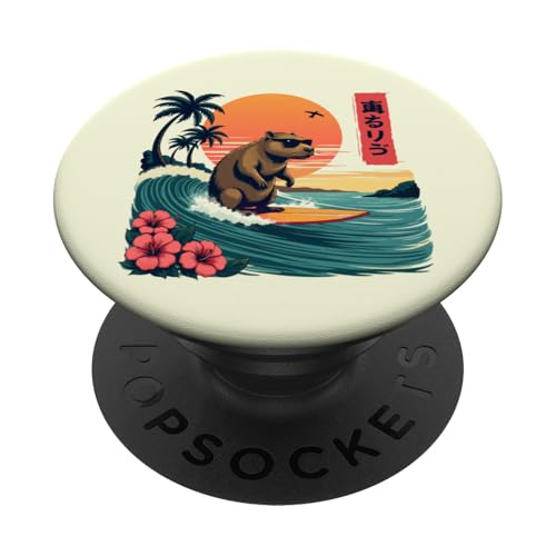 Capybara Surfing Wave Retro Palme Sunset Tropical Vibes PopSockets Klebender PopGrip von The Wave Capybara Surfing rodent Retro Funny tees