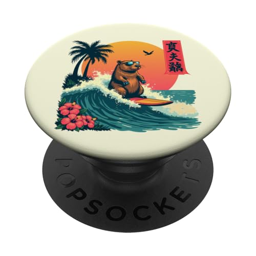 Capybara Surfing Wave Retro Palme Sunset Tropical Vibes PopSockets Klebender PopGrip Capybara Surfing Wave Retro Palme Sunset Tropical Vibes PopSockets Klebender PopGrip von The Wave Capybara Surfing rodent Retro Funny tees