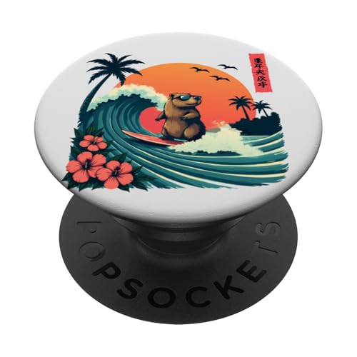 Capybara Surfing Wave Retro Palme Sunset Tropical Vibes PopSockets Klebender PopGrip Capybara Surfing Wave Retro Palme Sunset Tropical Vibes PopSockets Klebender PopGrip von The Wave Capybara Surfing rodent Retro Funny tees