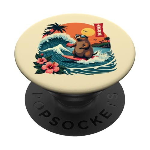 Japanisches Capybara Surfen Kanagawa Wave Lustiges Surftier PopSockets Klebender PopGrip von The Wave Capybara Surfing rodent Retro Funny tees