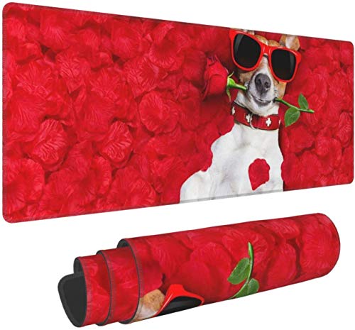 Jack Russell Terrier mit Rose, Mauspad, Schreibtischunterlage, Computertastatur, Mauspad mit rutschfester Gummiunterseite, 30 x 80 cm von TheEcoWay
