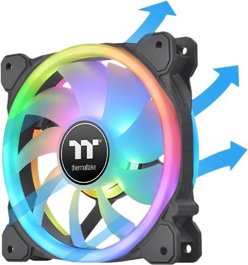 Thermaltake SWAFAN 12 RGB. Typ: Ventilator, Lüfterdurchmesser: 12 cm, Rotationsgeschwindigkeit (min.): 500 U/min, Rotationsgeschwindigkeit (max.): 2000 U/min, Geräuschpegel (hohe Geschwindigkeit): 30,5 dB, Maximaler Luftstrom: 53,02 cfm, Maximum Luftdruck: 2,58 mmH2O. Produktfarbe: Schwarz (CL-F137-PL12SW-A) von Thermaltake