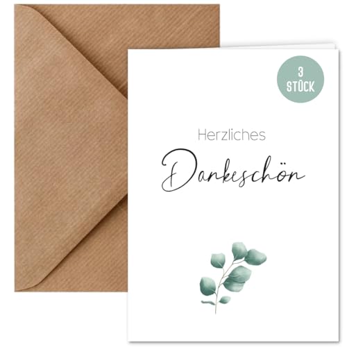 3x Dankeskarte – Karten Herzliches Dankeschön DIN A6 (10,5 x 14,8 cm) aus Naturpapier mit C6 Kuvert | Klappkarte Danke sagen | Dankeskarte zur Hochzeit Geburt Baby (3 Stück) von Things of Happiness