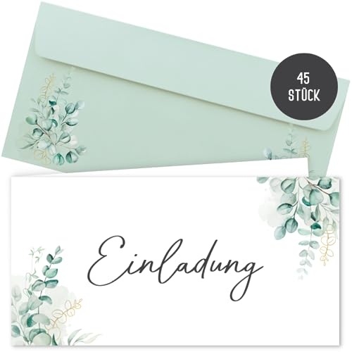 45 Einladungskarten inkl. Umschläge für Hochzeit, Standesamt, Geburtstag, Konfirmation, Kommunion, Jugendweihe, Taufe, Einladung | Klappkarte DIN lang (Eucalyptus 45 Stück) von Things of Happiness