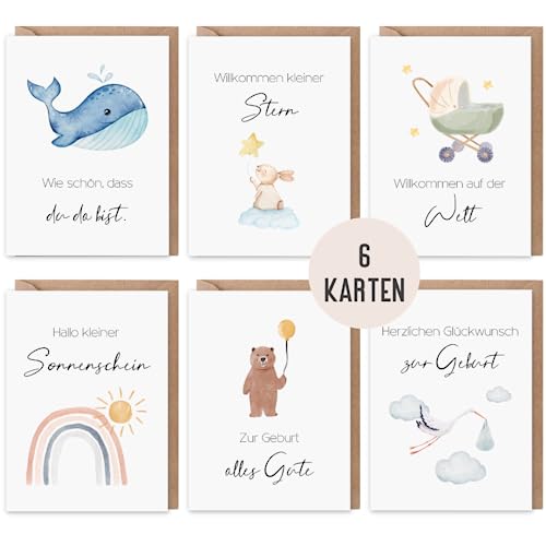 6 Glückwunschkarten zur Geburt Baby | Set 6 Klappkarten inklusive Naturkuvert Geburt Baby Mädchen und Junge | Karten Geburt | süße Grußkarte Baby aquarell (Geburt Baby) von Things of Happiness