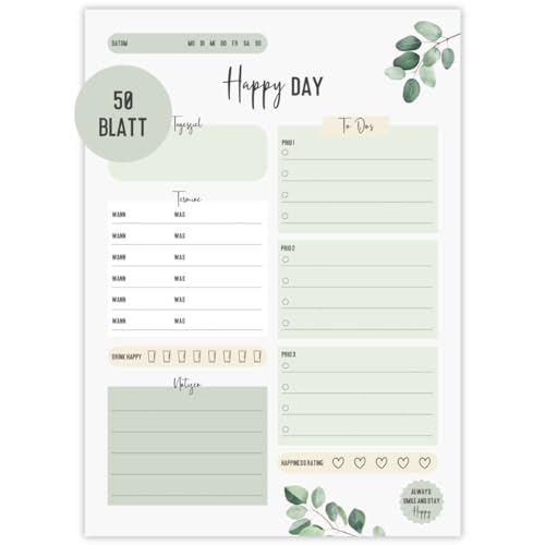 A5 Tagesplaner Block | Daily Planner | TO-DO-Liste | Zeitplan | Prios | Tages-Highligt | Organisation Aufgaben (DIN A5, Grün Eucalyptus) von Things of Happiness