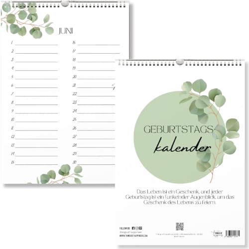 Geburtstagskalender I Kalender für Geburtstage und Jahrestage I jahresunabhängig immerwährend ohne Wochentage – Ewiger Kalender zum Eintragen von Geburtstagen (Grün Eucalyptus) von Things of Happiness