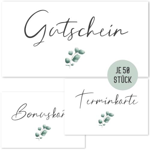 Set 50 Gutscheine + 50 Terminkarten + 50 Bonuskarten für Nagelstudio, Friseur, Massage, Kosmetik | Blanko Gutscheinkarten Terminkarten Bonuskarten (Set Gutschein + Termin + Bonus Eucalyptus) von Things of Happiness