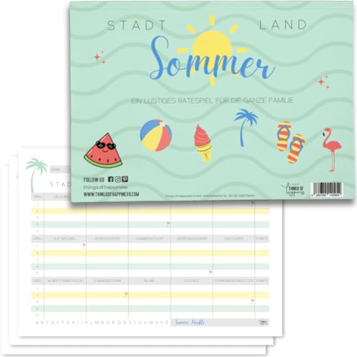 Stadt, Land Fluss Sommeredition | Rätselblock Stadt Land Sommer mit 50 Blatt | Quizblock DIN A4 Format | Ratespiel, Quiz, Sommerspiel (Stadt, Land, Sommer) von Things of Happiness