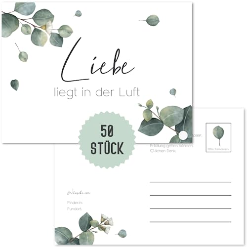 Things of Happiness Ballonkarten Hochzeit im Boho Stil | 50 Stück gelochte Ballonflugkarten als Hochzeitsspiel | Postkarten für Luftballons extra leicht (Boho Eucalyptus 50 Stück) von Things of Happiness