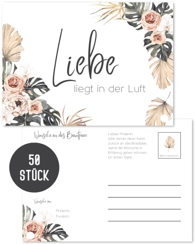 Things of Happiness Ballonkarten Hochzeit im Boho Stil | 50 x gelochte Ballonflugkarten als Hochzeitsspiel | Postkarten für Luftballons extra leicht (Beige Rosen, Palmen 50 Stück) von Things of Happiness