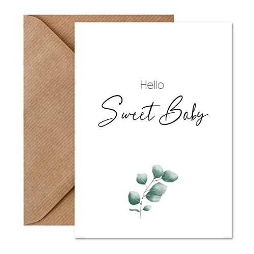 Things of Happiness Karte zur Geburt Baby | Glückwunschkarte Hello sweet Baby mit Briefumschlag | Karte Baby Junge Mädchen (Baby Eucalyptus) von Things of Happiness