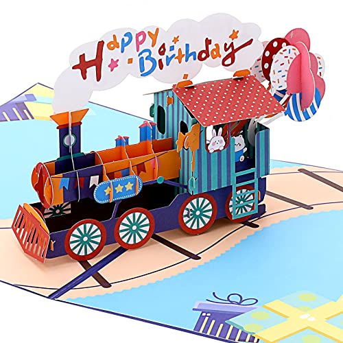 Thinp Geburtstagskarte Pop Up,Zug Geburtstagskarte,Zug Pop up Geburtstagsgrusskarte mit Umschlag,3D Geburtstagskarte für Kinder,3D Pop-Up Happy Birthday Karte,für Junge Mädche Zugliebhaber Geschenk von Thinp
