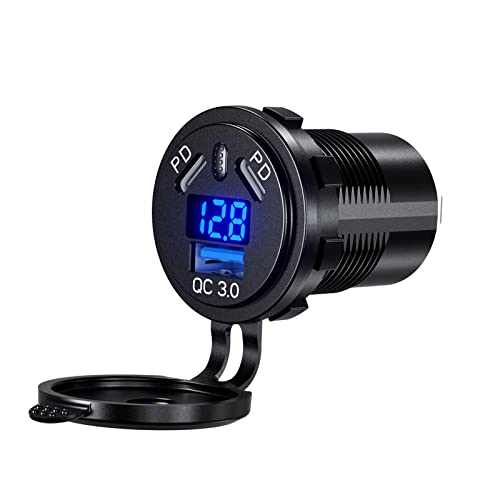 Thlevel 12V USB C Steckdose Auto Ladegerät Dual 45W PD Type C & 18W QC3.0 USB mit Digital Voltmeter und Schalter Handy Schnellladung Wasserdicht für 12V/ 24V KFZ Boot Motorrad von Thlevel