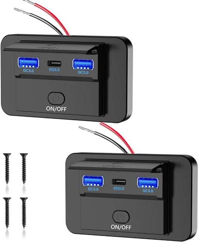 Thlevel 12V USB C Steckdose Ladebuchse 66W Auto Ladegerät Handy Schnellladung Dual QC3.0 USB & PD3.0 Type C Wasserdicht mit Schalter für 12V/ 24V KFZ Boot Wohnmobil von Thlevel