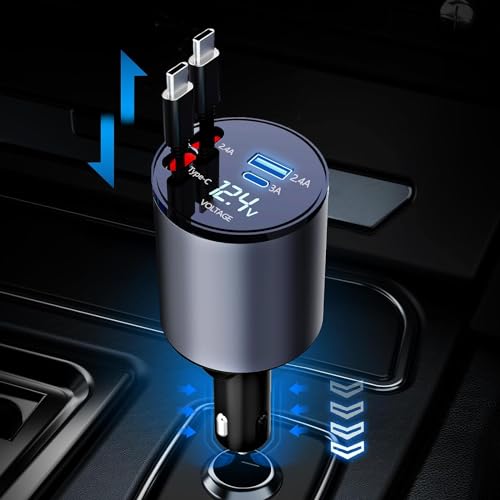 Thlevel Einziehbares 12V Auto Ladegerät Zigarettenanzünder Adapter 60W USB und Typ C mit 2 Typ C Kabel Voltmeter LED Kompatibel mit Huawei iPhone Galaxy für 12V / 24V KFZ Boot Wohnmobil von Thlevel