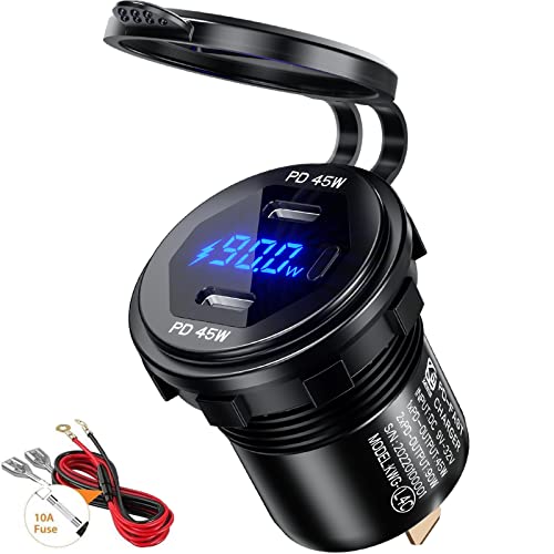 Thlevel KFZ Ladegerät Type C Steckdose 12V / 24V 90W Auto Ladegerät Dual Port PD Typ C mit LED Digital Voltmeter Anzeige und Schalter Handy Schnellladung Wasserdicht für KFZ Fahrzeuge Boot Motorrad von Thlevel