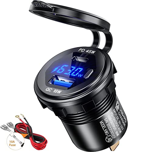 Thlevel USB C Steckdose 12V / 24V Auto Ladegerät 45W PD Type C & 18W QC3.0 USB mit LED Digital Voltmeter Anzeige und Schalter Handy Schnellladung Wasserdicht für KFZ Fahrzeuge Boot Motorrad von Thlevel