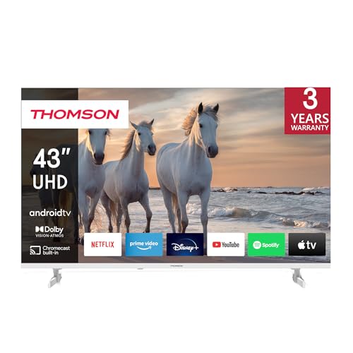 Thomson 43 Zoll (109 cm) UHD Weiß Fernseher Smart Android TV (WLAN, HDR, Triple Tuner DVB-C/S2/T2, Sprachsteuerung, Netflix, YouTube, Prime Video, Disney+) – 43UA5S13W-2023… von Thomson