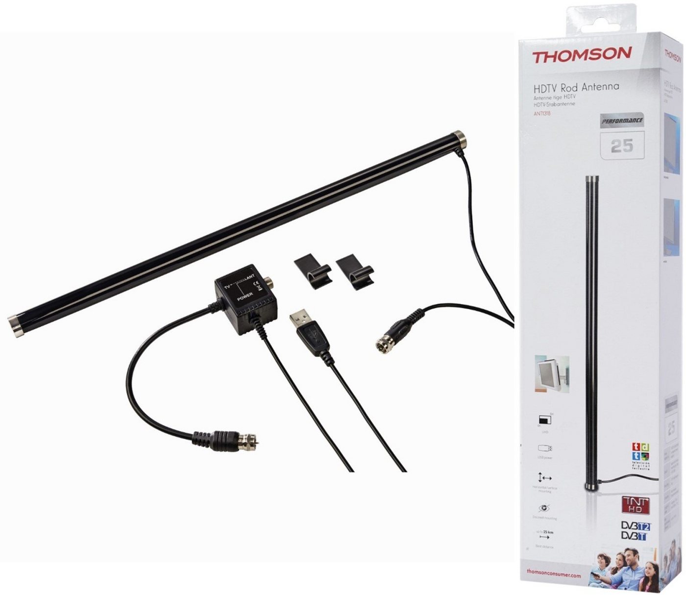 Thomson Aktiv DVB-T2 Stab-Antenne 4K FULL HD TV Innenantenne, Antenne mit USB Verstärker Integrierter Verstärker USB Stromversorgung von Thomson
