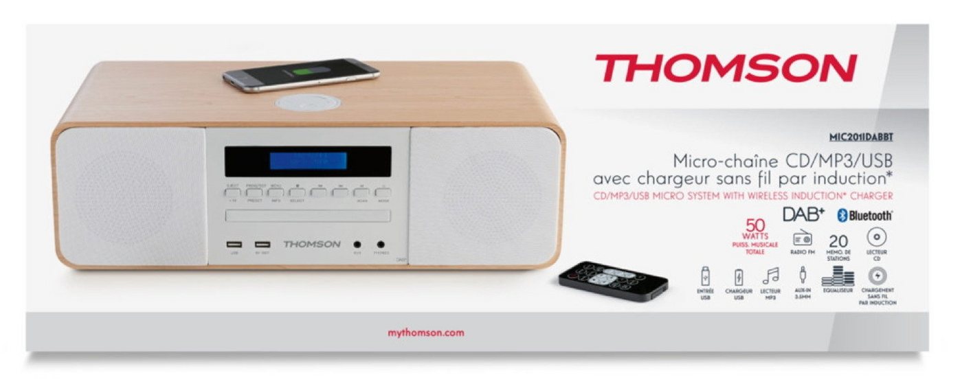 Thomson Bluetooth MIC201IDABBT USB MP3 Qi-Charger DAB+ Holz weiß TH371697 Kompaktanlage von Thomson