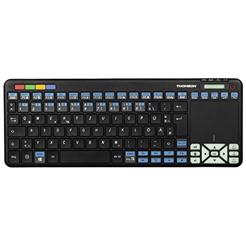 Thomson Funk-Tastatur für Philips Smart-TV mit 4in1 Universal-Fernbedienung (für TV/STB/Audio/PC, inkl. Touchpad-Maus, QWERTZ, beleuchtet, Multimedia-Tasten, lernfähig, wireless, 2,4GHz) schwarz von Thomson