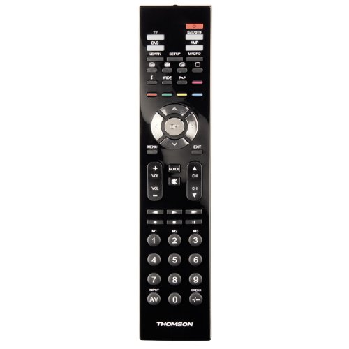 Thomson TV Universalfernbedienung 4 in 1, lernfähig, mit Makros (Vier Geräte steuern, vorprogrammiert für alle gängigen Marken, Receiver, Set Top Box, DVD, Verstärker, Ersatzfernbedienung), Schwarz von Thomson