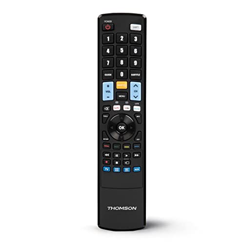Thomson Universalfernbedienung „ROC4301“ für Smart TV (Infrarot, Ersatzfernbedienung, Universal Fernbedienung, programmierbar, für 4 Geräte, für TV/DVD/Bluray/STB/VCR/Audio, Streaming Tasten) schwarz von Thomson