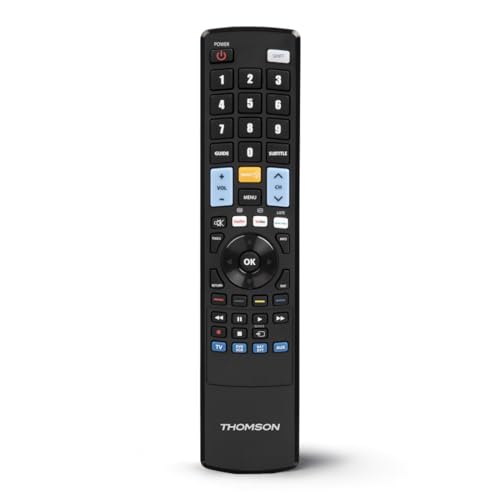 Thomson Universalfernbedienung „ROC4301“ für Smart TV (Infrarot, Ersatzfernbedienung, Universal Fernbedienung, programmierbar, für 4 Geräte, für TV/DVD/Bluray/STB/VCR/Audio, Streaming Tasten) schwarz von Thomson