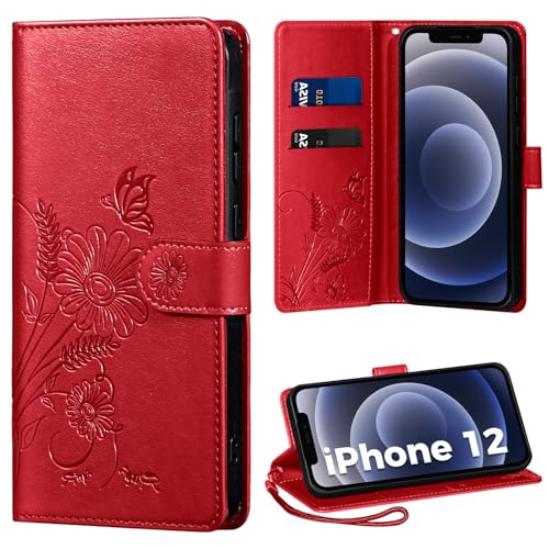 Thorhülle iPhone 12/12 Pro Hülle, Schutzhülle PU Leder, Rot, Magnetisch, Ständer, Kompatibel mit iPhone 12 Pro von Thorhülle