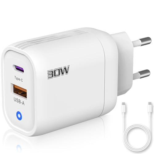 3-Stars USB-C-Ladegerät, 30 W, Geschenk, Typ-C-Kabel, 2 USB-Anschlüsse: Typ C + Typ A, Schnellladung, QC 3.0, Zertifizierung, CE, kompatibel mit zahlreichen Geräten, Zufriedenheitsgarantie (weiß) von Three Stars