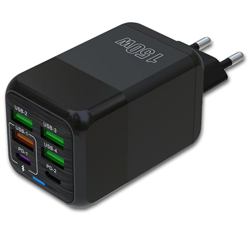 3-Stars Ladegerät 150 W mit 6 Ports, 2 Typ C und 4 Typ A, Schnellladung, QC 3.0, kompatibel mit Samsung, iPhone, Xiaomi, CE-zertifiziert, Schwarz von Three Stars